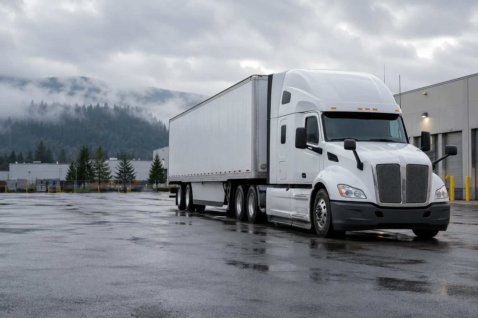 AI-generated illustrative photograph of a white American semi-truck at an overcast Pacific Northwest freight terminal