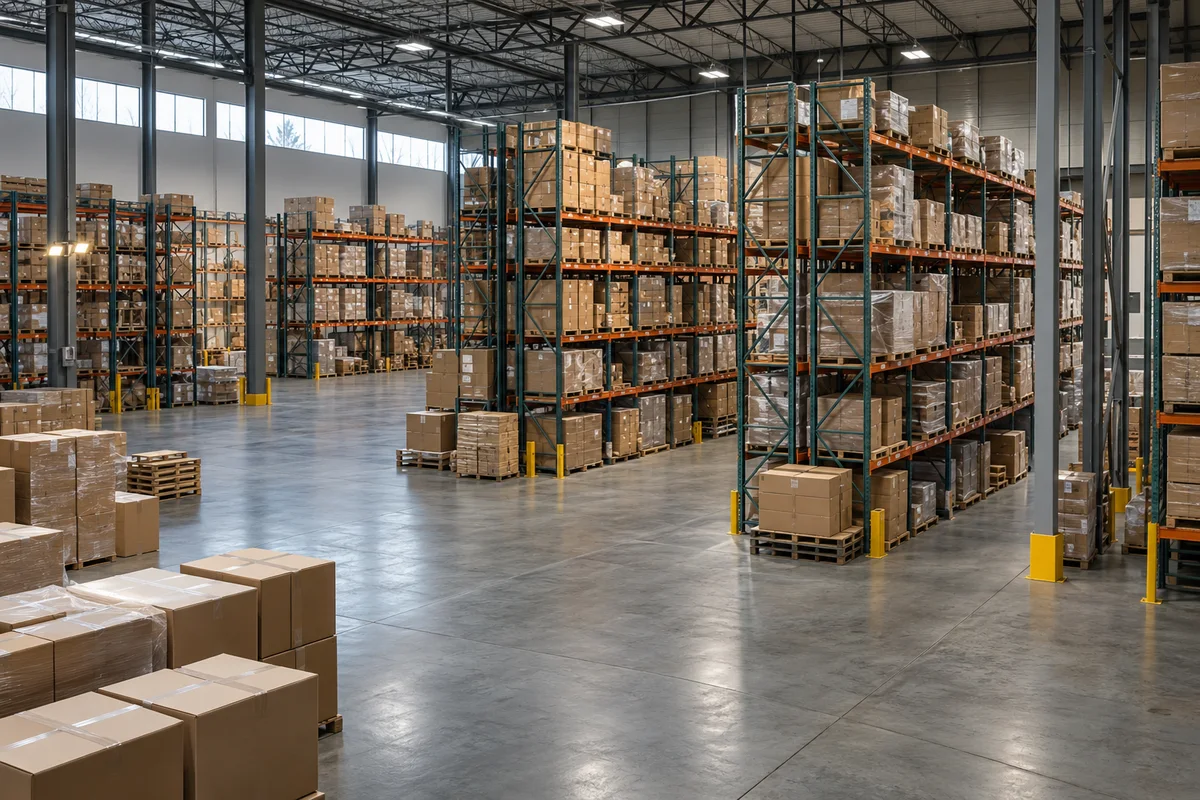 AI-generated illustrative warehouse with pallet racks, open floor space and soft natural light